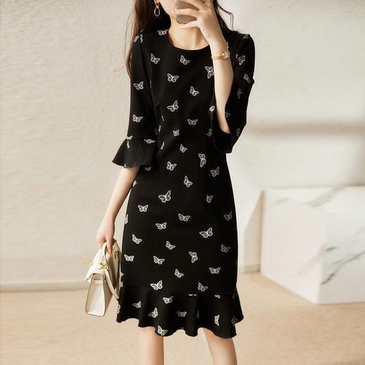 Ladies Butterfly Print Ruffle Sashes A Line Dress Women Fashion Back Keyhole O Neck Long Sleeves Spring Autumn Dresses