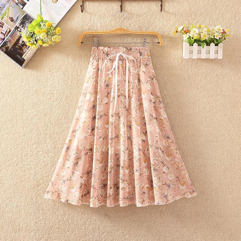 Women's Elastic Waist Pleated Floral Skirt Summer  High Waist Mid-length A-line Draping Chiffon Fairy Dress