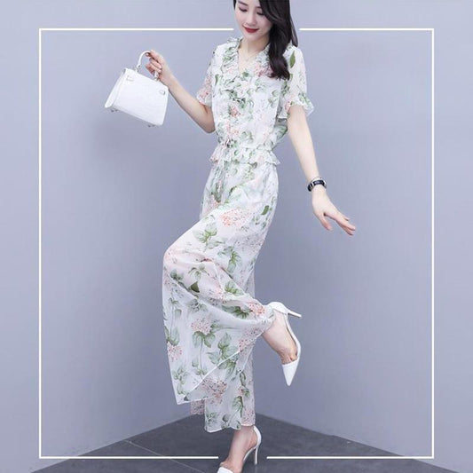 Women's Summer Suit Chiffon Printed Blouse Wide Leg Pants Thin Two-piece Suit Female Chiffon Suit Elegant Sweet and Cute