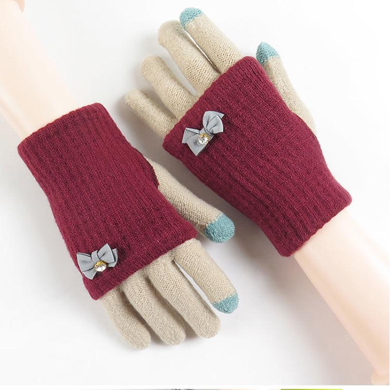 Women's Winter Knitted Touch Screen Gloves Thickened Warm Five-finger Cute Bowknot Woolen Riding All-match Mittens Hand Wrist Warmer