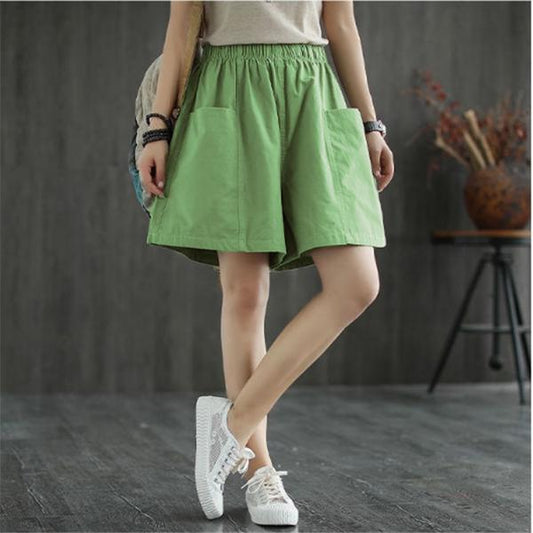 Cotton Shorts Women Loose High Waist Wide Leg Summer Straight Casual Cool Comfortable Elastic Waist Big Pocket Pure Color Simplicity