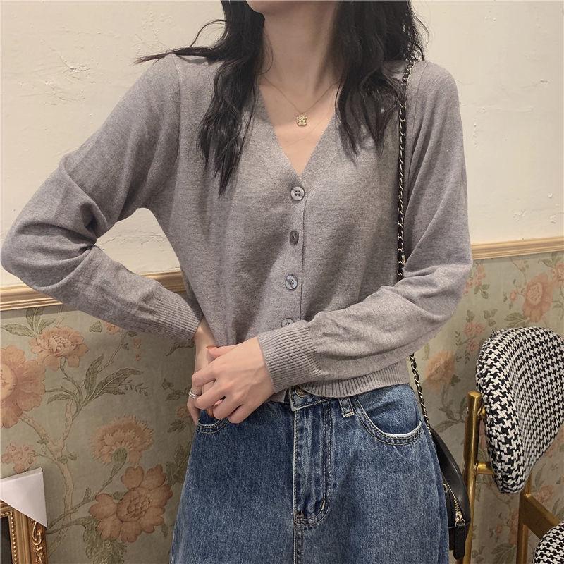 Spring and Autumn Style V-neck Cardigan Jacket Long Sleeve Thin Slim Sweater Short Sleeve Sweater Women Trendy