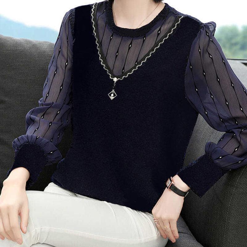 New Autumn Spring Style Chiffon Shirt Chic Elegant Round Collar Blouse Women Long Sleeve Top Pullover