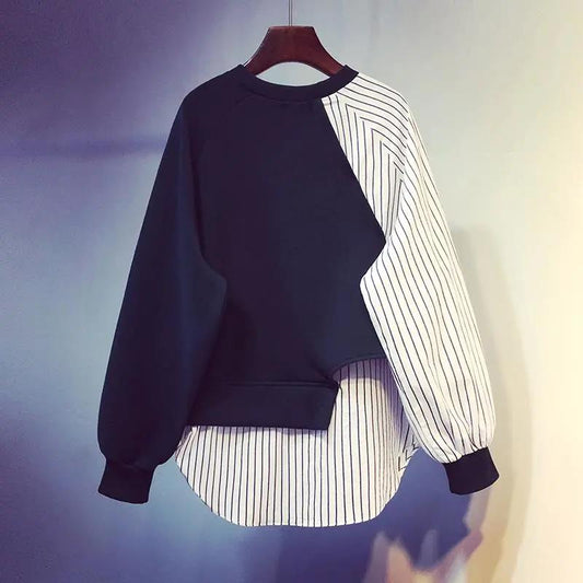 Autumn and Winter Color Matching Fake Two-piece Round Neck Long-sleeved Sweater Loose Striped Stitching Top Coat Women