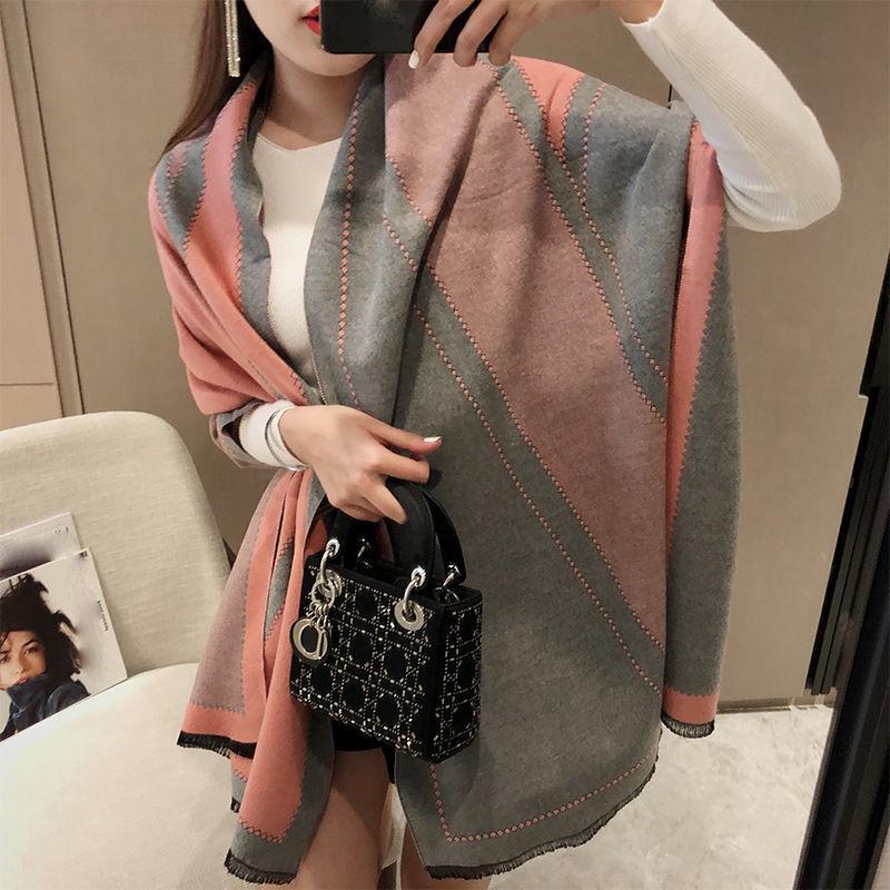 European and American Wild Thickened Dual-use Color Matching Double-sided Warmth Thick Cashmere Scarf Shawl Female Autumn and Winter Soft Wrap