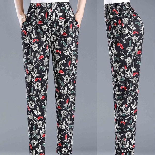 Women's Loose Printed Summer Casual Pants Large Size Straight Pants Thin Breathable Vintage Cropped Pants