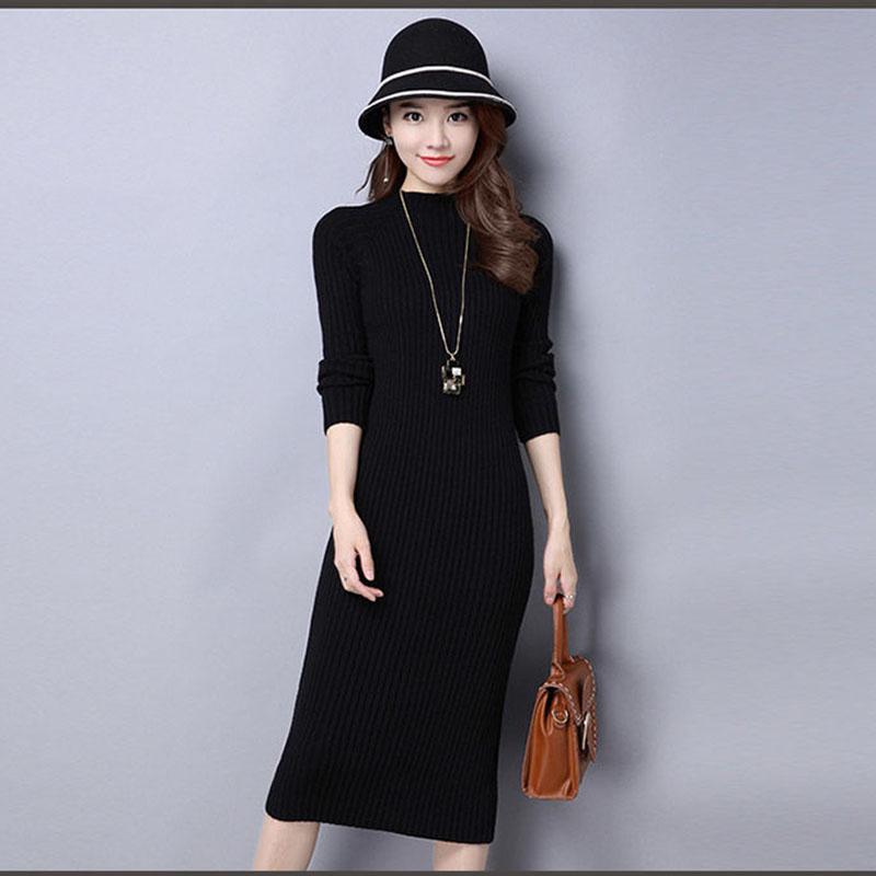 Elegant Women Midi Dress Long Sleeve Stretch Dresses Winter Ribbed Knitted Robe Office Ladies