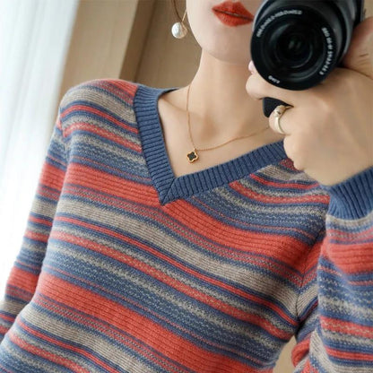 Autumn and Winter Color Matching Sweater Loose Large Size V-neck Top Fashion Knitted Women's Bottoming Shirt