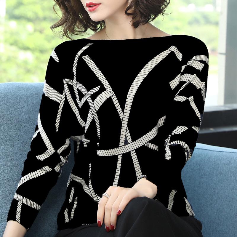 Women 3D Printed Wool Sweater Short Boat Neck Knit Sweater Plus Size Thin Bottoming Sweater Loose Pullover Jumper Top Outwear