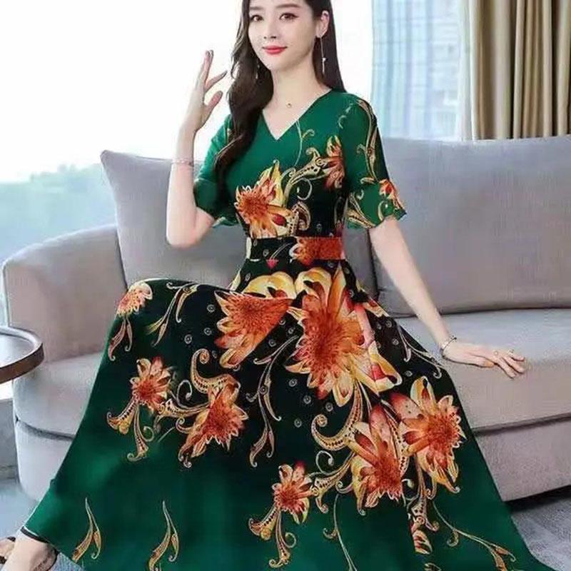 Women's Slim A-line Skirt Summer Short Sleeve Long Floral Large Size Dress