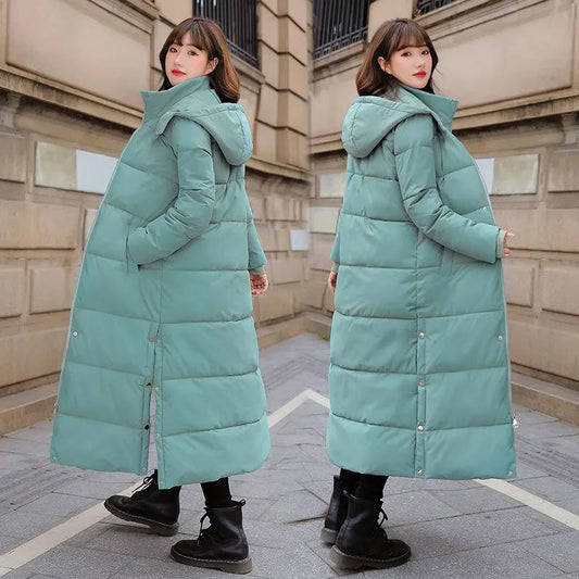 Women's Mid-length Down Jacket Winter Korean Loose Cotton Clothes Casual Hooded Padded Jacket Quilted Jacket