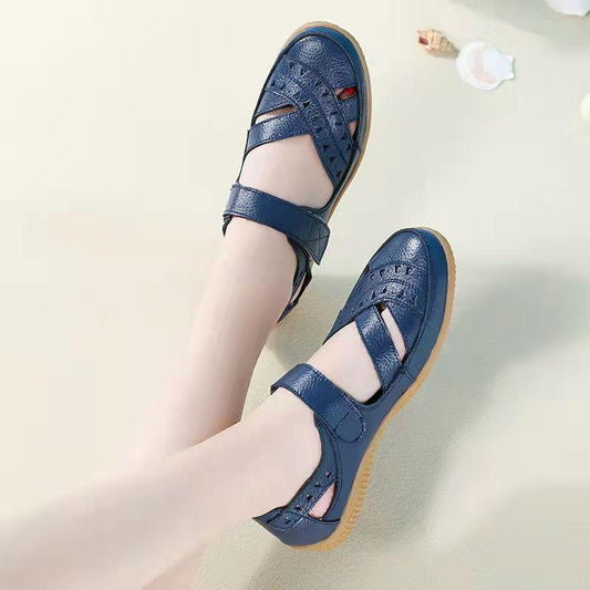 Summer Ladies Sandals Leather Hollowed-out Low-top Breathable Casual Shoes Soft Bottom Flat Heels Non-slip Large Size Flat Shoes Mom Shoes