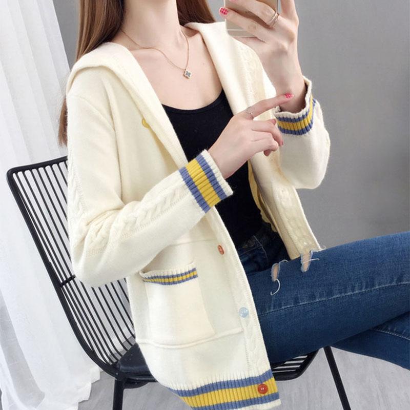 Spring and Autumn Knitted Cardigan Sweater Loose Hooded Large Size Top Short Color-blocking Women's Jacket