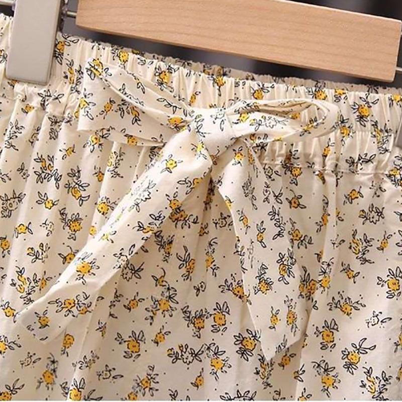 Girls' Suit Summer Floral Lace Edge Children's Sling Short Sleeve Anti Mosquito Pants Two Piece Set Leggings Casual Suit