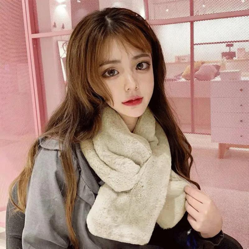 Women's Korean Style Cute Plush Faux Rex Rabbit Fur Blend Scarf Autumn and Winter Bib Pullover Solid All Match Scarf Soft Cross Neck Bib Neckerchief