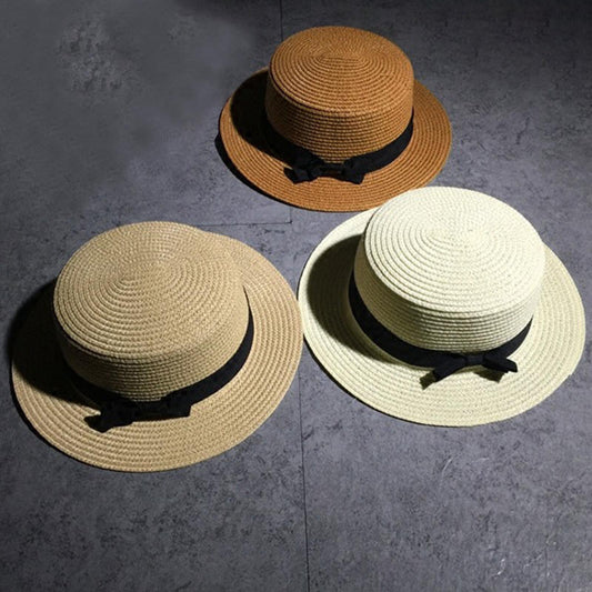 Straw Cap Women Simple Black Bowknot Solid Color British Elegant Sun Hat