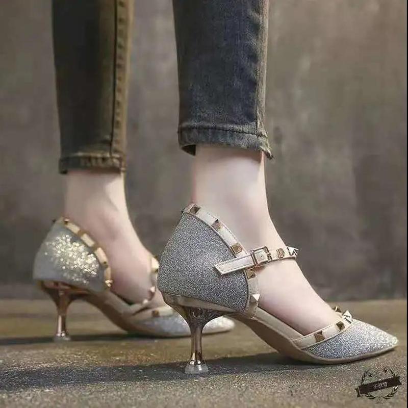 Rivet Female Stiletto Fairy Style Summer Crystal Sandals Female Girly Temperament High Heels