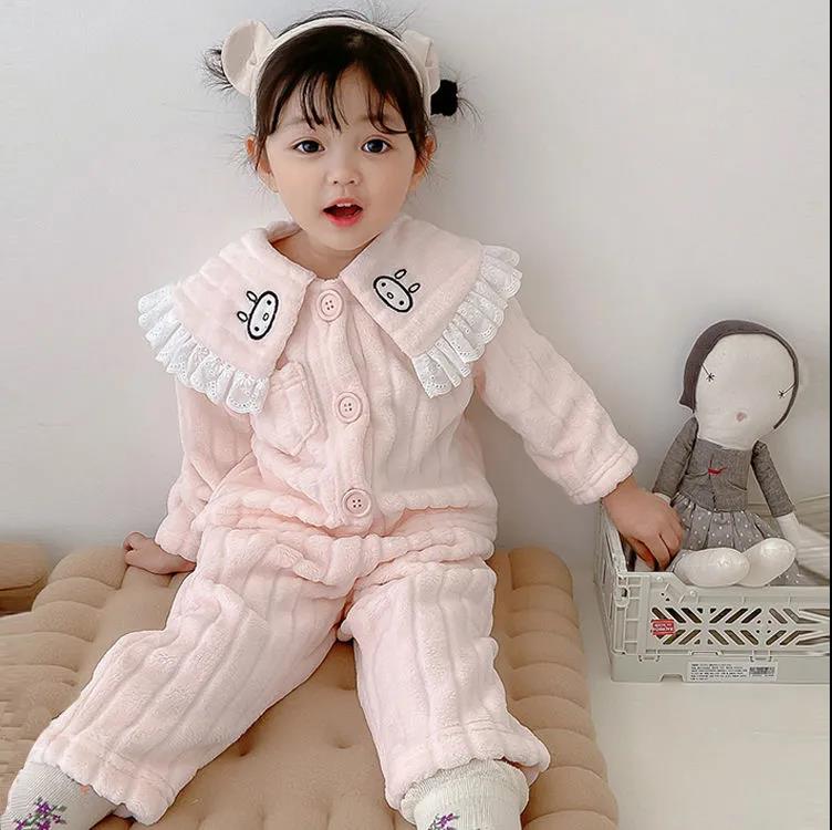 Girls Coral Velvet Pajamas Set Autumn and Winter Baby Plush Thickened Flannel Children's Winter Warm Home Clothes