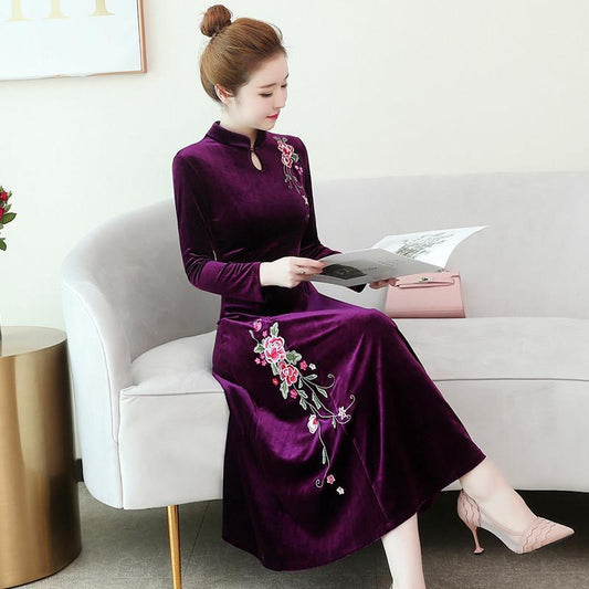 Wild gold velvet cheongsam dress female long skirt long sleeve plus size slim bottoming skirt