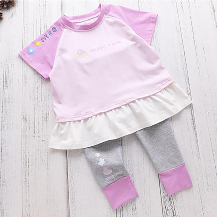 Children's Suit Summer Light Girls' Casual Wear Printed Rabbit Fruit Splicing T Shirt Elastic Leggings Two Piece Set