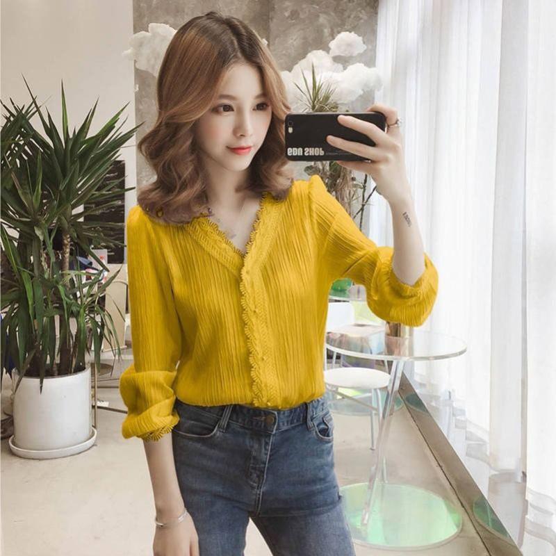 Chiffon Shirt Women's Long-sleeved Spring and Autumn Wear V-neck Shirt Women's Business Wear Shirt Suit with Casual Lady Elegant