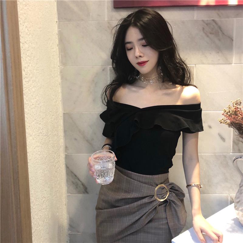 V-neck Top T-shirt Ruffled Comfortable Shirt Summer Korean Version Off Shoulder All-match Short-sleeved Tops Slim Thin Tops Women's Clothing