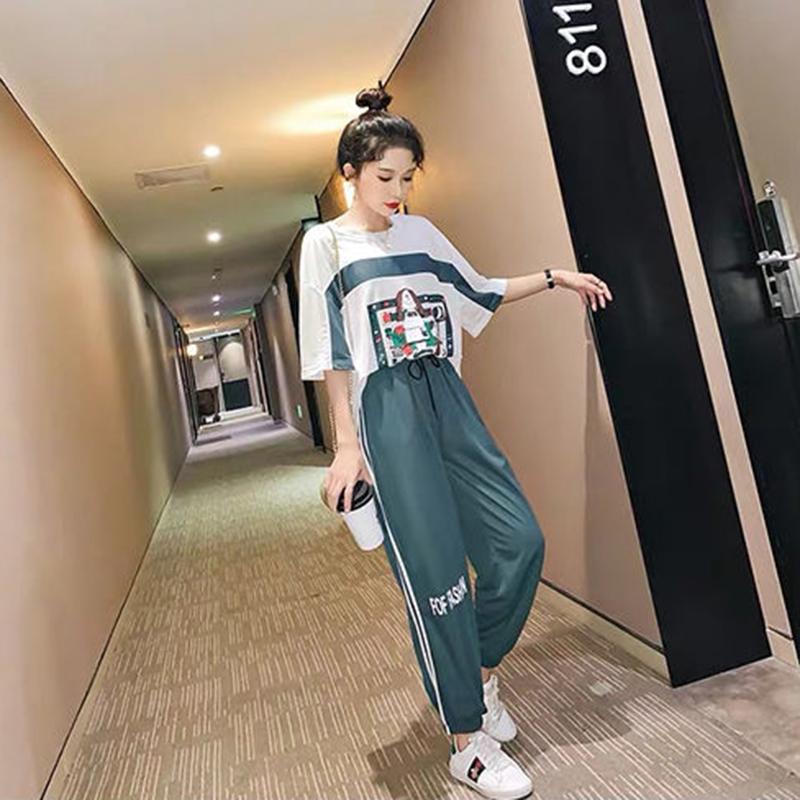 Summer Leisure Suit Women Loose Running Sportswear Two-piece Suit Round Neck T-shirt Short Sleeve + Loose Sports Pants Home Service Suit