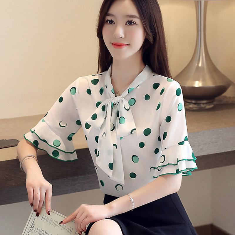 Sweet Shirt Summer Polka Dot Half-sleeved Top Women's Lotus Leaf Collar Polka Dot Shirt Short-sleeved Chiffon Shirt Tie Bow Shirt