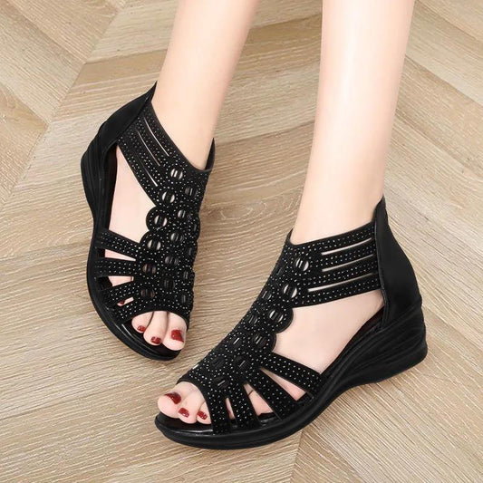 Sandals Women's Summer Slope with Roman Rhinestone Fish Mouth Comfortable Women's Soft-soled Open-toe Sandals Women's High-heeled Sandals