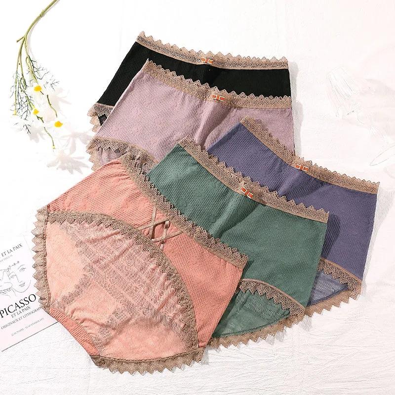 Women's Underwear High Waist Cotton Back Lace Hollow Cotton Antibacterial Bottom File Abdominal Lifting Hip Breathable Ladies Transparent Briefs