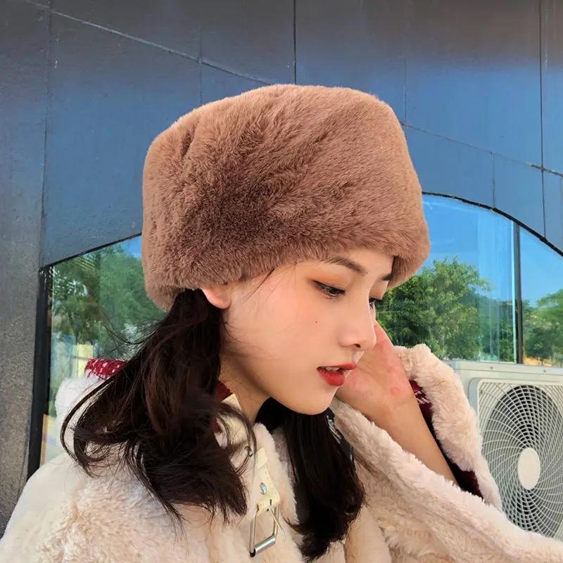 Ladies Winter Fisherman Hat Plush Velvet Warm Hat Ear Protection Pure Color Rabbit Fur Blend Dome Beret Top Hat Puffy Warm Soft Headgear