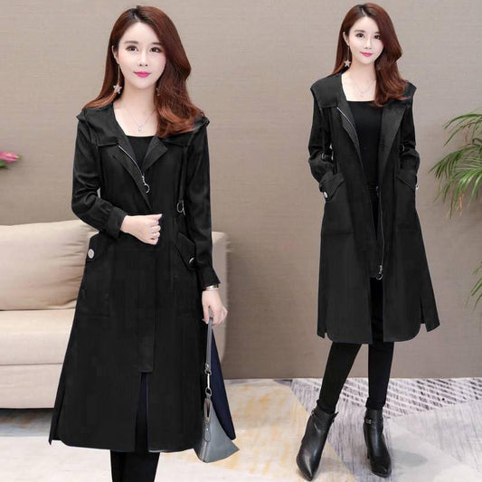 Autumn Women Double Breasted Mid-long Trench Coat Mujer Loose Large Size Windbreak with Belt