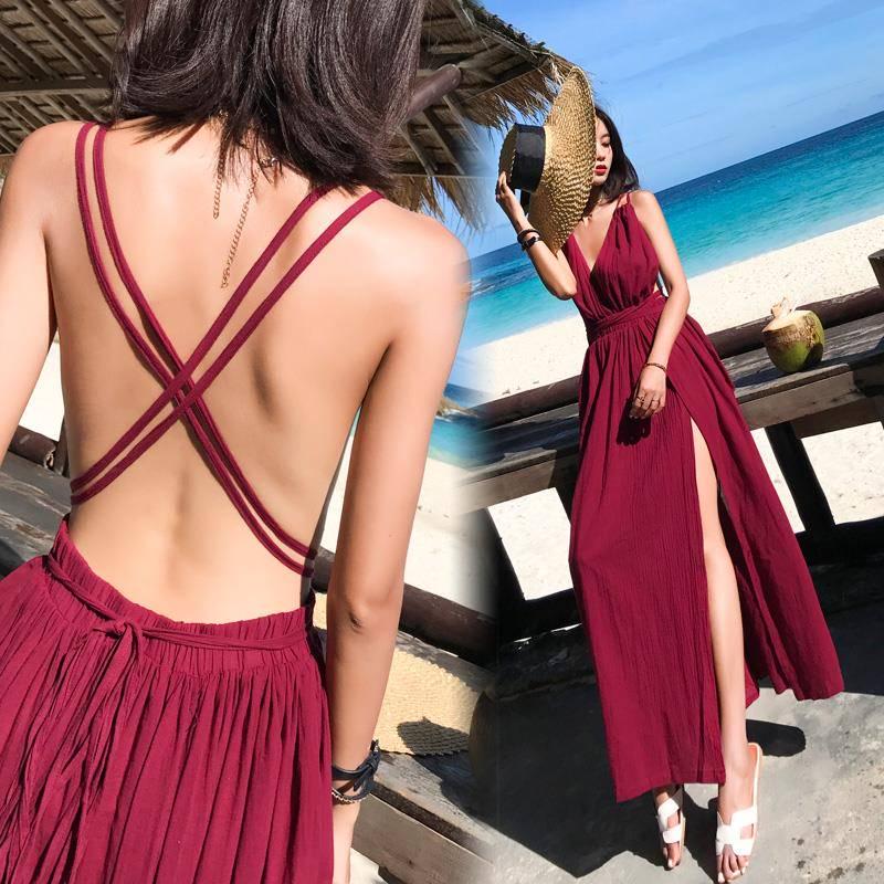 Womens Summer Boho Maxi Long Dress Party Beach Dresses V Neck Split Sundress Floral Halter Dress