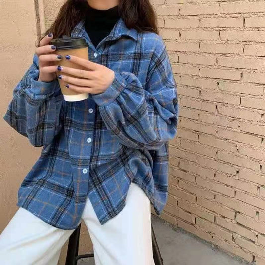 Women Large Size Blouses Turn-down Collar Spring and Autumn Plaid Shirts Batwing-sleeve Loose Outwear 4 Colors Chic Shirts