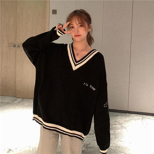 Autumn and Winter V-neck Sweater for Female Students Loose and Thin Mid-length College Style Base Sweater Coat