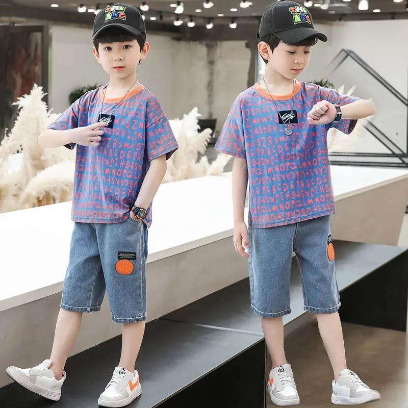 Children's Clothing Boys Summer Suit Head-up Letter Printing Short-sleeved Breathable Denim Five-point Pants Cool Cute Boy Two-piece Suit