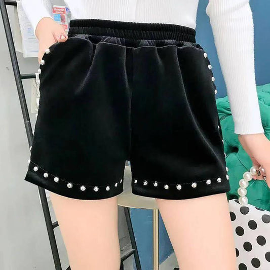 Gold Velvet Shorts Women's Autumn and Winter Thickening Large Size Loose High Waist Black All-match Casual Boots Pants for Outer Wear