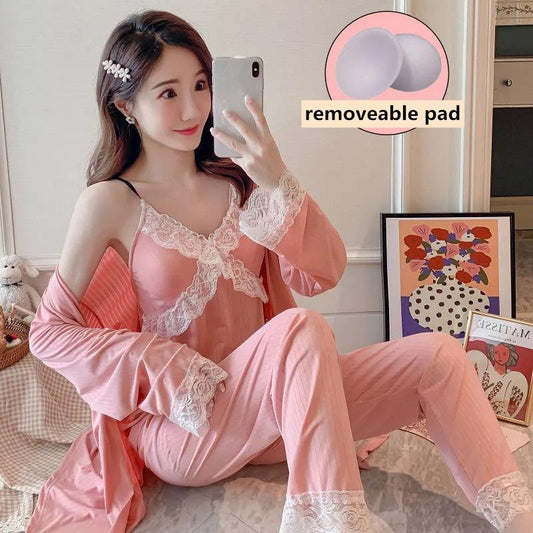 3 Pieces Women's Spring Autumn Pajamas Set Thin Sexy Lace Strap Chest Pads Suspenders Trousers Robes Homewear Solid Color V-neck Removable Chest Pad