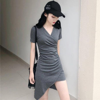 Pofulove Women Sexy Skinny Dress V-neck Bag Hip Short Sleeve Dress Over The Knee Irregular Dresses