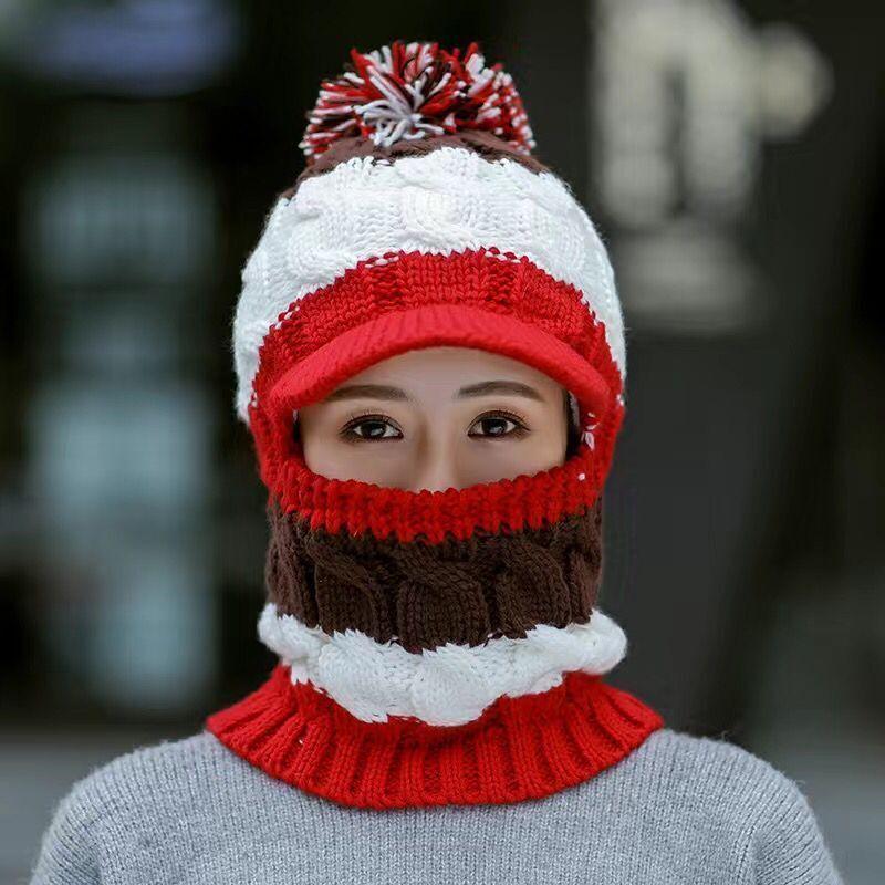 Autumn and Winter New Women's Cotton Hat Knitted Hat Warm and Velvet Thick Woolen Hat Windproof Cycling One-piece Hat