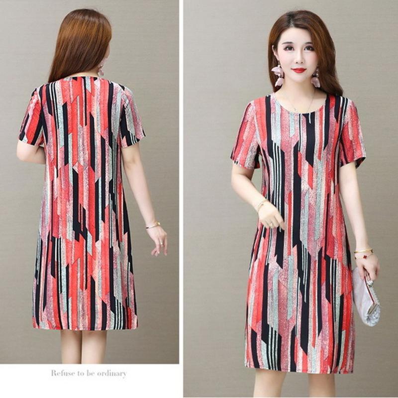 Summer Casual Dress Women's O-neck Short-sleeved Floral Print Mid-length Loose Dress Fabric Light and Breathable Women's Casual Plus Size Dress