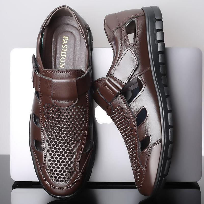 Men's Leather Sandals Summer Breathable Leather Shoes Middle-aged and Elderly Soft Bottom Hole Shoes Hollow Light and Breathable