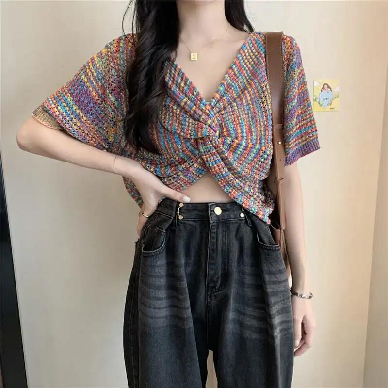 Knitted Short-sleeved Top Women's Summer Thin French Design Sense V-neck Kink Short Top Personality Trend Pullover Shirt Striped Colorful T-Shirt