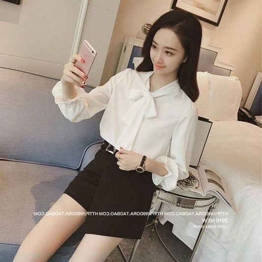 Large Size Shirt Bowknot Princess Sleeve Chiffon Blouse Lace-up Shirt Women's Business Wear Shirt Fabric Light and Breathable Inner Wear Shirt Women