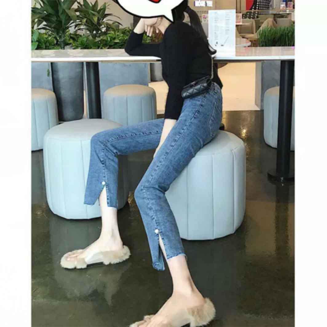 WTEMPO Spring Micro Flared Jeans Women Straight Hole Nine-point Pants High Waist Was Thin Students