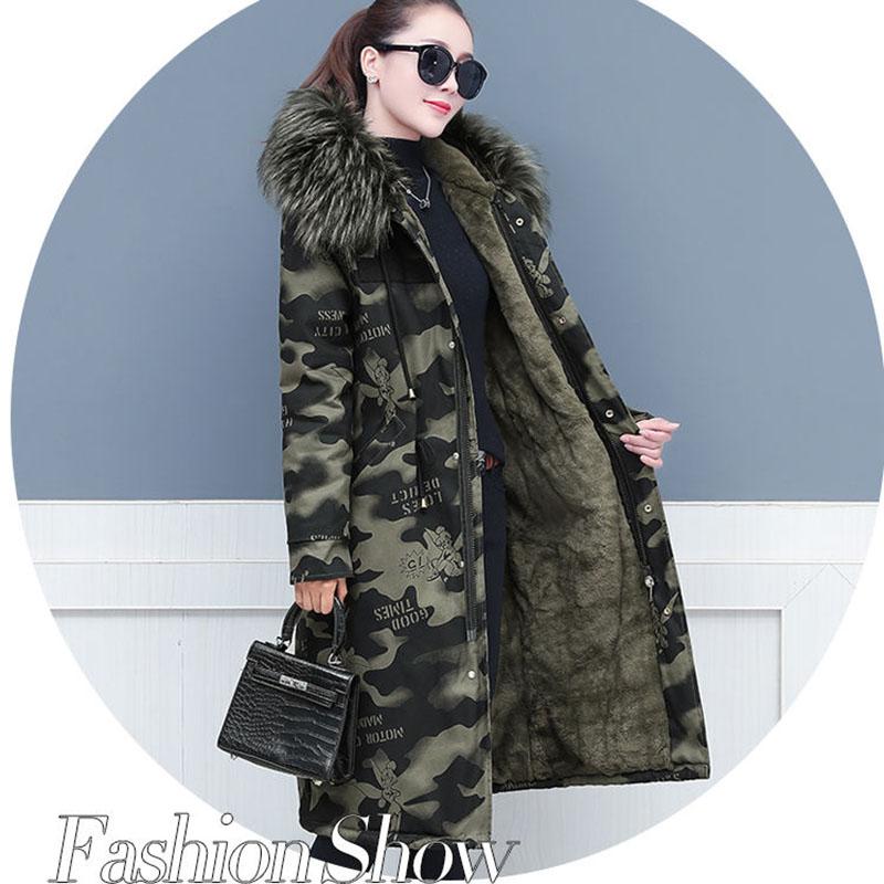 Female Camouflage Parka Coat  Winter Long Cotton-padded Jacket Flocking Hooded Cotton-padded Jacket Winter Print Overcoat