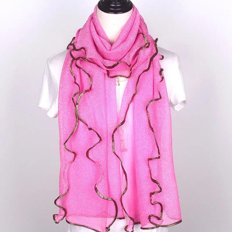 Women's Autumn Winter Long Solid Color Scarf Fashion Muslim Gauze Ethnic Wind Scarf Silk Scarf Ruffled Bright Scarves Soft Neckerchief Bright Colors