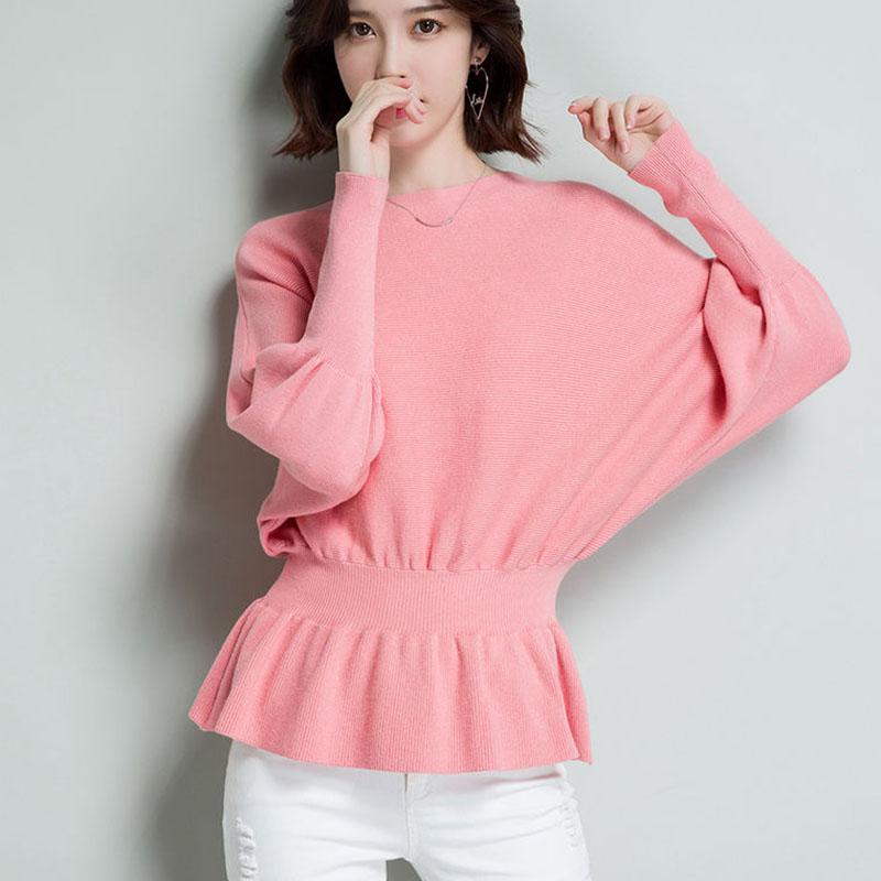 Spring and Autumn Sweater Women's Korean Style Loose Neck Undershirt Pullover Slim Knitted Bat Tops