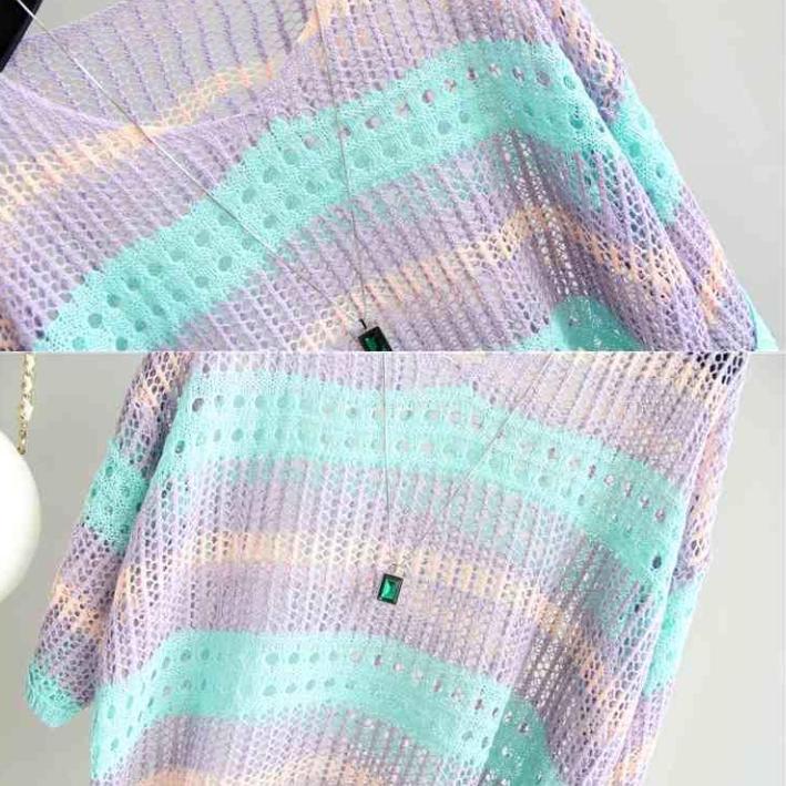 Women Spring and Summer Large Size Striped Knitwear Loose and Thin Pullover Sunscreen Hollow Out Blouse