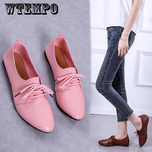 Women's Flats Shoes Ladies PU Leather Shoes Lace Up Non-slip Pointed Loafers